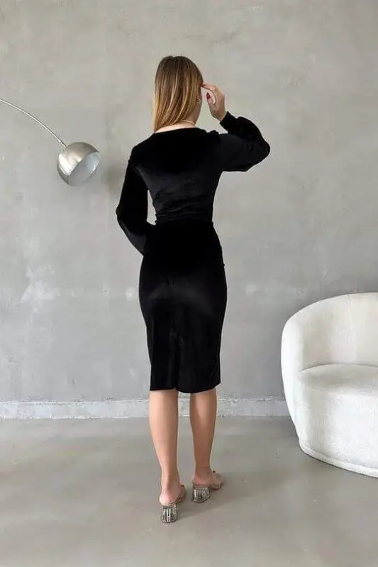 Women's Velvet Fabric Crossover Collar Balloon Sleeve and Slit Detailed Midi Dress - 2