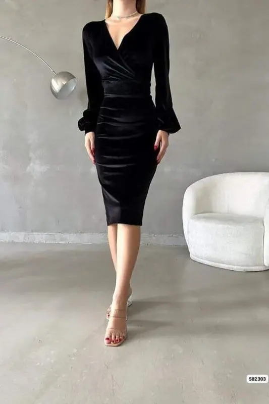 Women's Velvet Fabric Crossover Collar Balloon Sleeve and Slit Detailed Midi Dress - 3