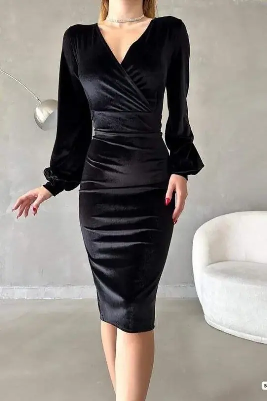 Women's Velvet Fabric Crossover Collar Balloon Sleeve and Slit Detailed Midi Dress - 4