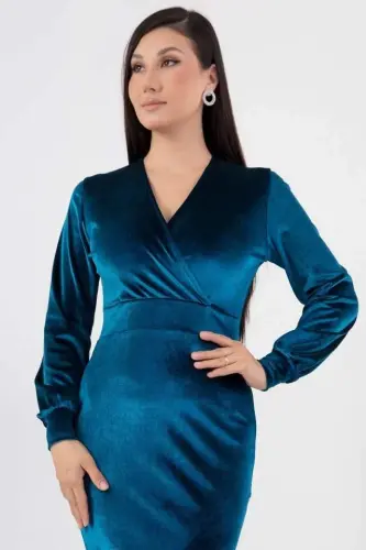 Women's Velvet Fabric Cuffed V-Neck Chic Pencil Dress - 3