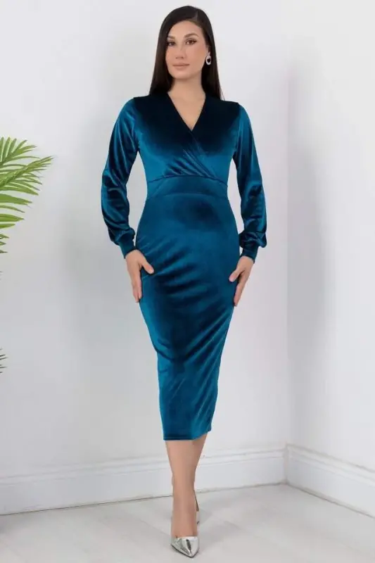 Women's Velvet Fabric Cuffed V-Neck Chic Pencil Dress - 6