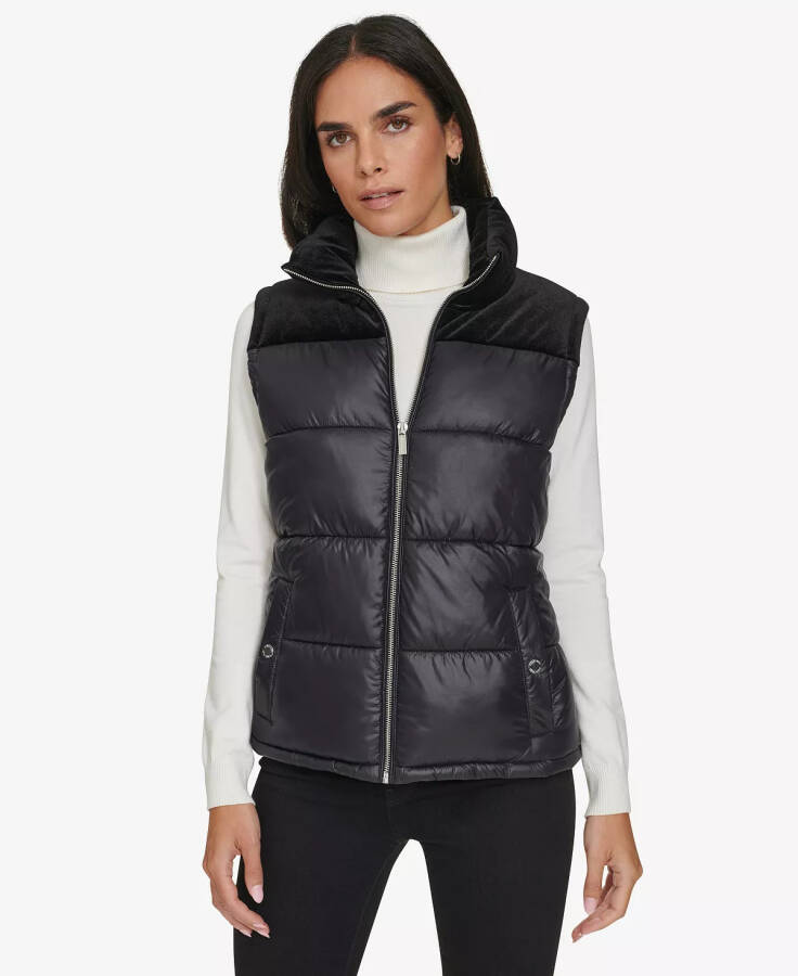 Women's Velvet Trim Puffer Vest Black - 1