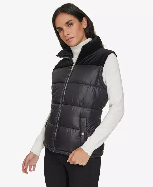 Women's Velvet Trim Puffer Vest Black - 3