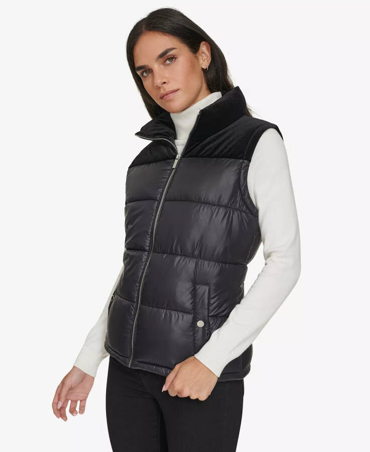 Women's Velvet Trim Puffer Vest Black - 3