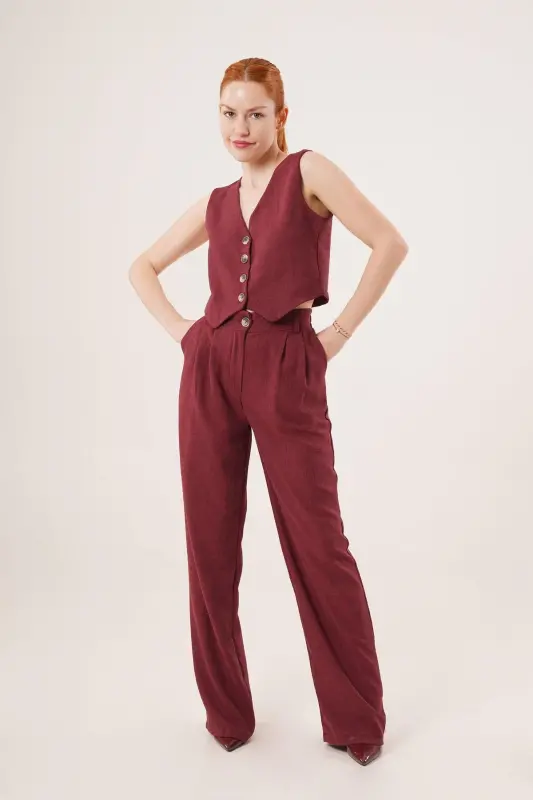 Women's Vest Pants 2-Piece Set-Burgundy - 1