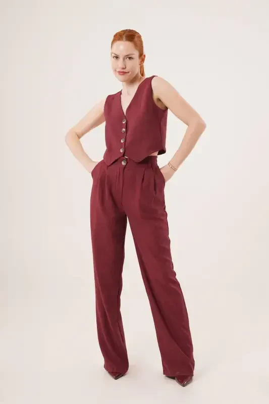Women's Vest Pants 2-Piece Set-Burgundy - LOKADI