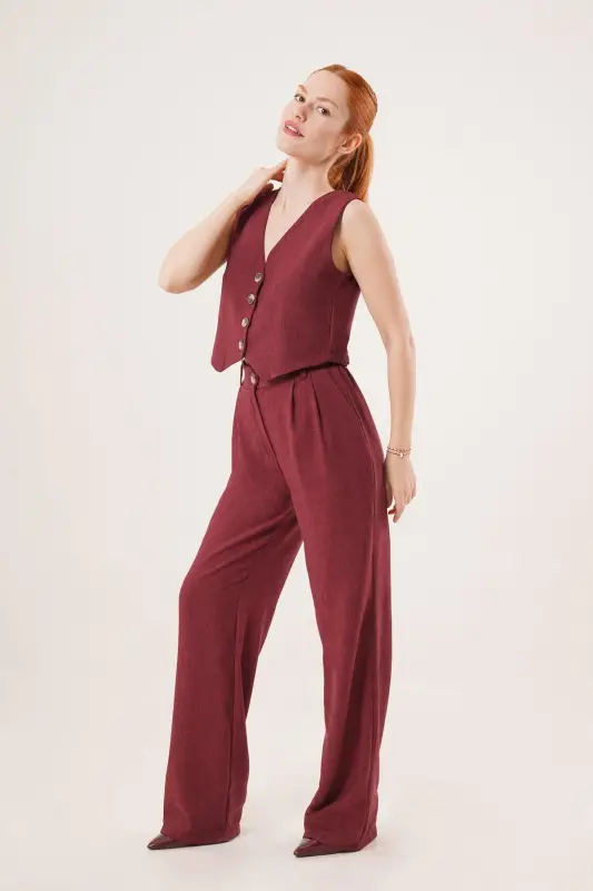Women's Vest Pants 2-Piece Set-Burgundy - 2