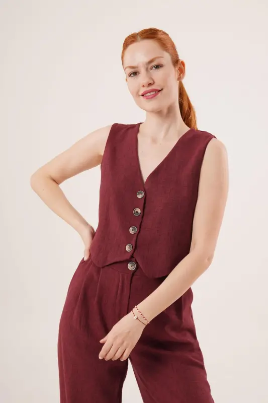 Women's Vest Pants 2-Piece Set-Burgundy - 4