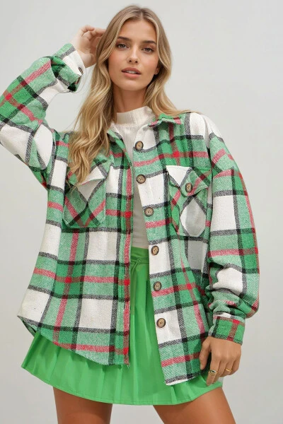 Women's Vibrant Green Plaid Wool Cotton Oversize Safari Jacket Shirt ALC-X7142 - TREND ALAÇATI STILI