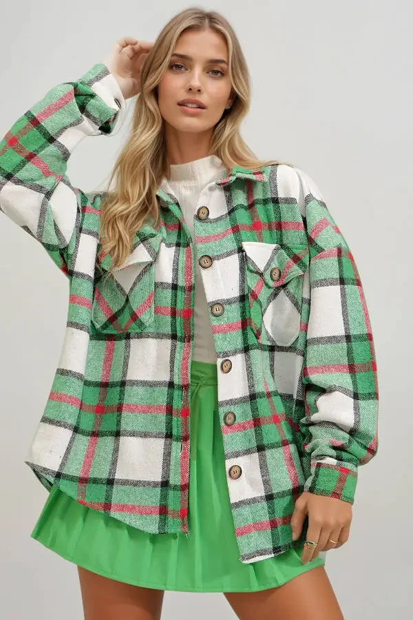 Women's Vibrant Green Plaid Wool Cotton Oversize Safari Jacket Shirt ALC-X7142 - 1