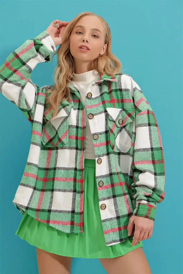 Women's Vibrant Green Plaid Wool Cotton Oversize Safari Jacket Shirt ALC-X7142 - 2