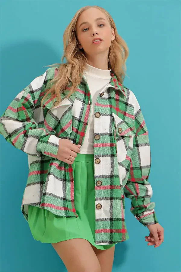Women's Vibrant Green Plaid Wool Cotton Oversize Safari Jacket Shirt ALC-X7142 - 4