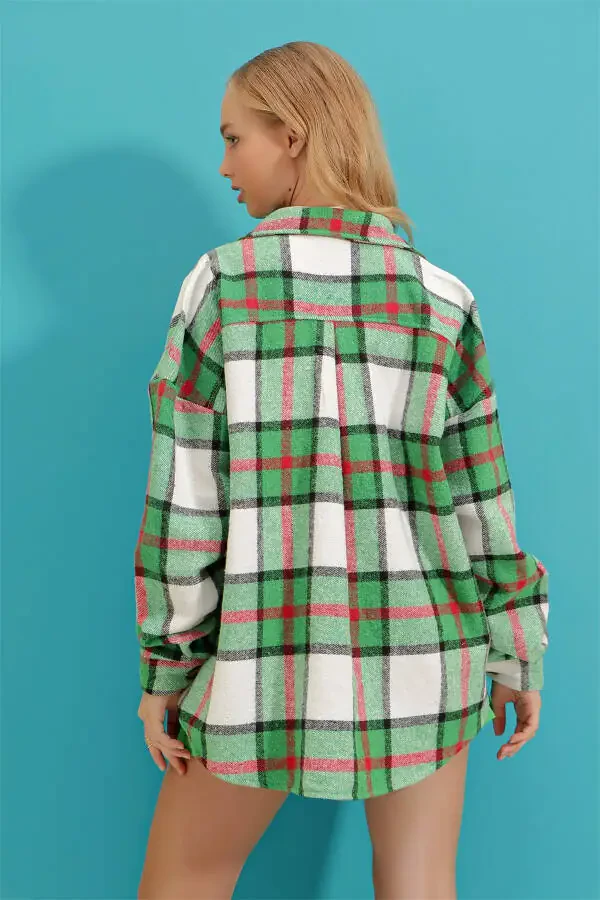 Women's Vibrant Green Plaid Wool Cotton Oversize Safari Jacket Shirt ALC-X7142 - 5