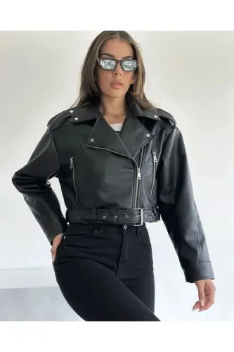 Women's Vintage Look Wash Bomber Faux Belted Leather Biker Jacket-black - 1