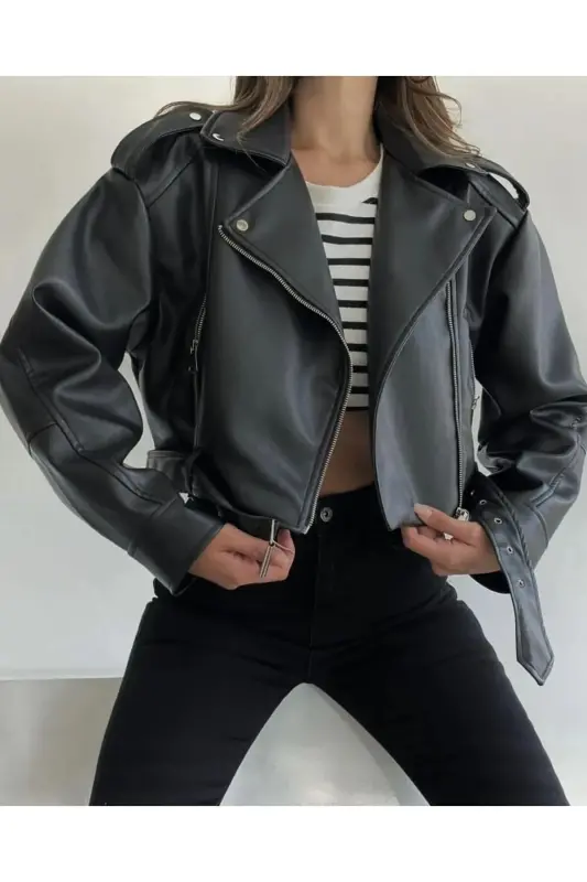 Women's Vintage Look Wash Bomber Faux Belted Leather Biker Jacket-black - 2