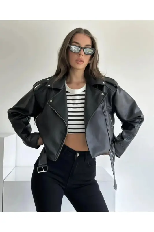 Women's Vintage Look Wash Bomber Faux Belted Leather Biker Jacket-black - 3