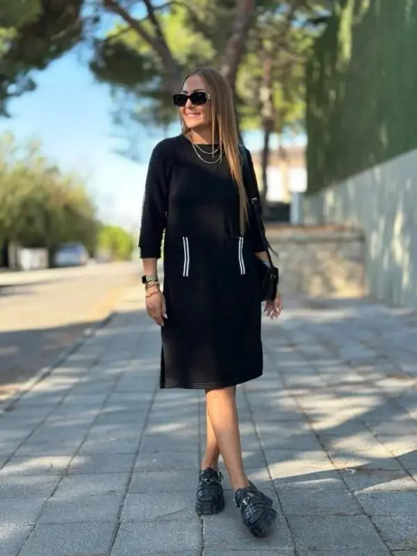 Women's Viscose Cotton Fabric Dress with Sleeve File, Stripe and Pocket Detail - 1