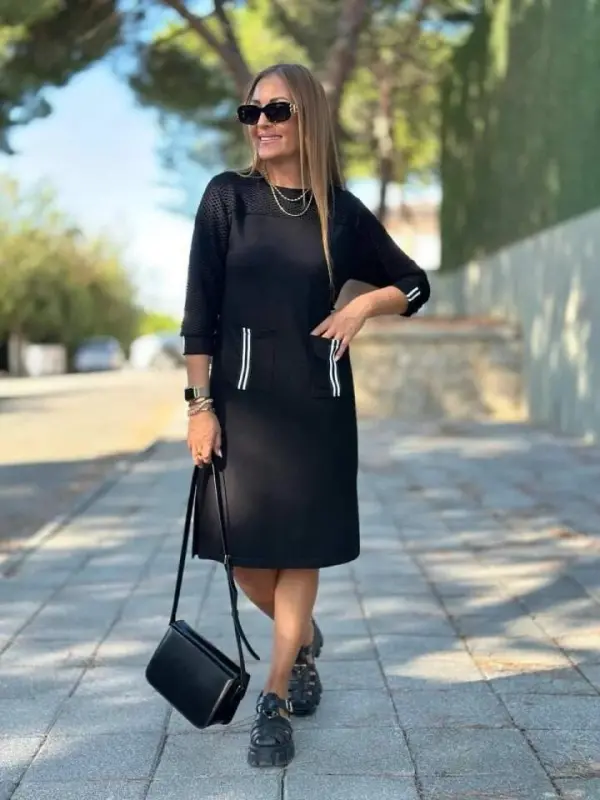 Women's Viscose Cotton Fabric Dress with Sleeve File, Stripe and Pocket Detail - 4