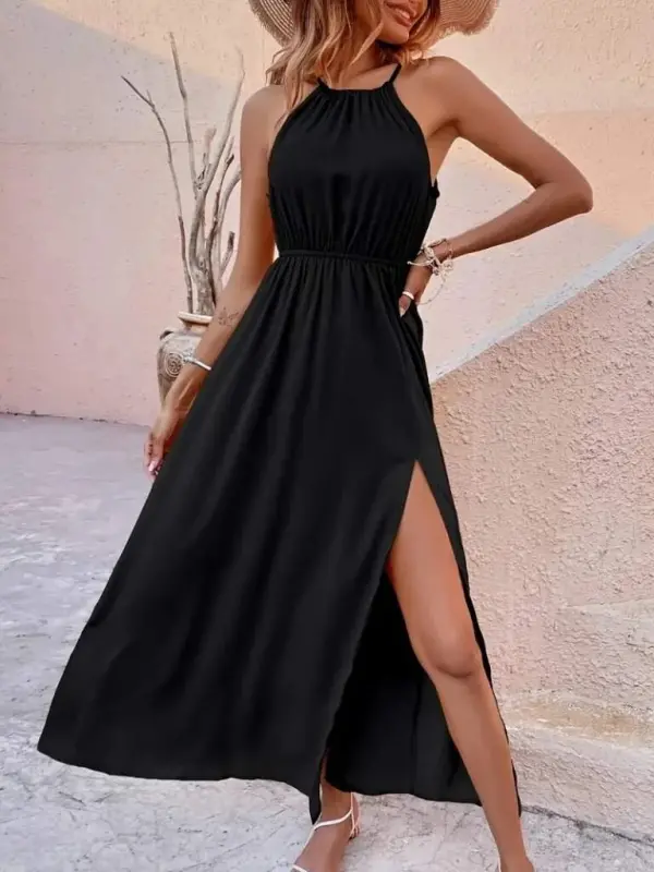 Women's Viscose Dress with Shoulder Strap Neck, Elastic Waist, and Side Slit Detail - BÜYÜKBEDENIZ