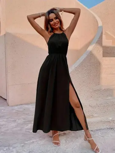 Women's Viscose Dress with Shoulder Strap Neck, Elastic Waist, and Side Slit Detail - 5