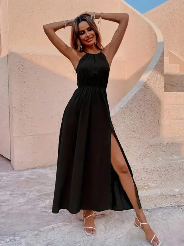 Women's Viscose Dress with Shoulder Strap Neck, Elastic Waist, and Side Slit Detail - 5