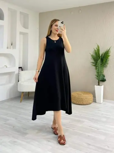 Women's Viscose Dress with Spaghetti Straps, Round Neck and Asymmetrical Cut Detail - 1