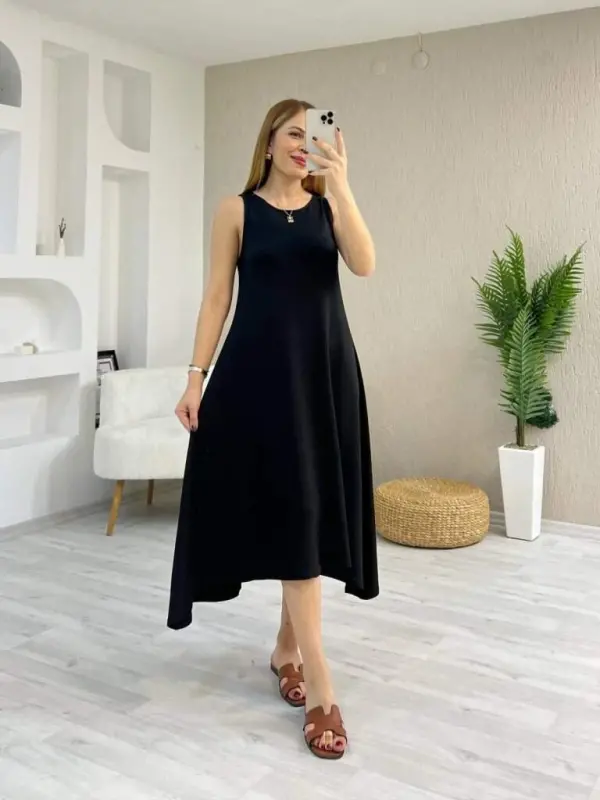 Women's Viscose Dress with Spaghetti Straps, Round Neck and Asymmetrical Cut Detail - BÜYÜKBEDENIZ
