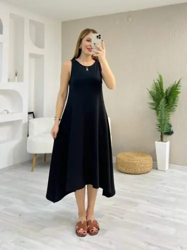 Women's Viscose Dress with Spaghetti Straps, Round Neck and Asymmetrical Cut Detail - 3