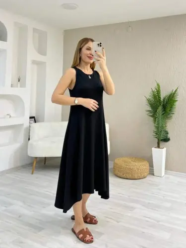 Women's Viscose Dress with Spaghetti Straps, Round Neck and Asymmetrical Cut Detail - BÜYÜKBEDENIZ (1)