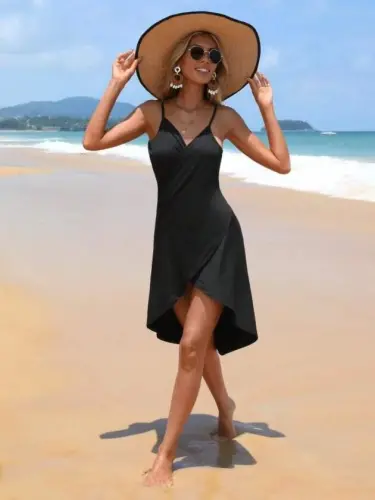 Women's Viscose Dress with Spaghetti Straps, Wrap Neckline, and Cross-Front Cut Detail - 2