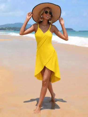 Women's Viscose Dress with Spaghetti Straps, Wrap Neckline and Cross-Front Detail - 3