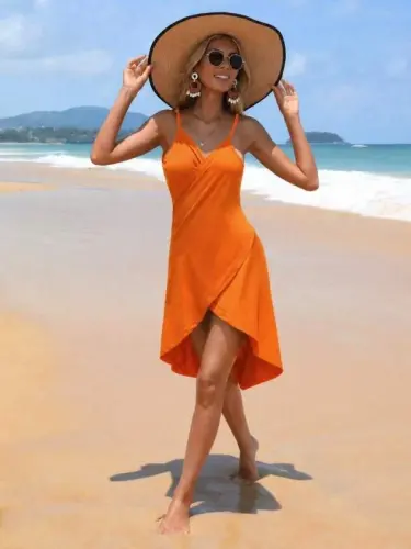 Women's Viscose Dress with Straps, Wrap Collar, and Criss-Cross Front Detail - BÜYÜKBEDENIZ (1)