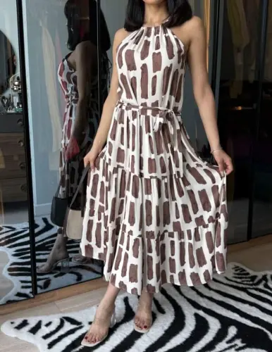 Women's Viscose Fabric Spaghetti Strap Halter Neck Pocketed Midi Dress - BÜYÜKBEDENIZ (1)