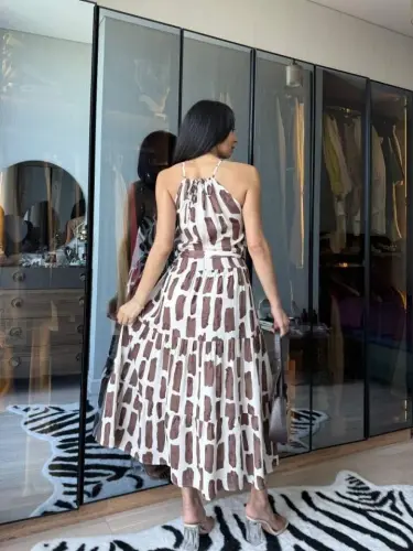 Women's Viscose Fabric Spaghetti Strap Halter Neck Pocketed Midi Dress - 3