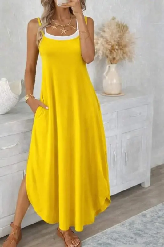 Women's Viscose Long Dress with Spaghetti Straps, Round Neck and Pockets - BÜYÜKBEDENIZ