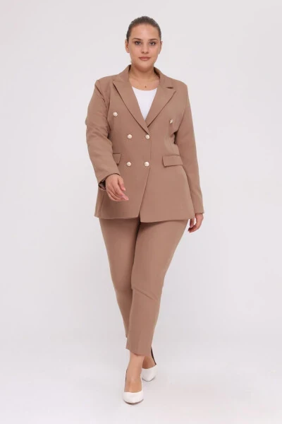 Women's Visone Blazer Jacket Belted Pocket Wide Leg Trousers Plus Size Suit Dress - SİZ