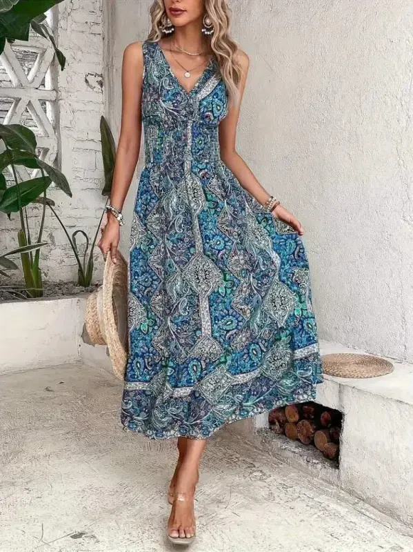 Women's Waist Detailed Ethnic Pattern Sleeveless Supreme Dress - 2