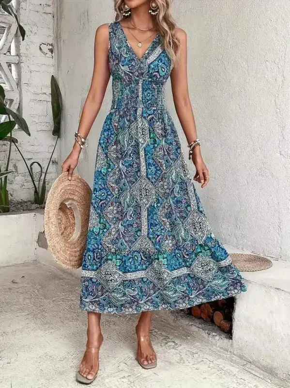 Women's Waist Detailed Ethnic Pattern Sleeveless Supreme Dress - 3