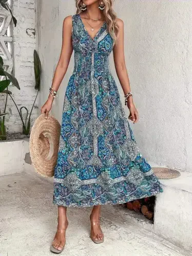 Women's Waist Detailed Ethnic Pattern Sleeveless Supreme Dress - 4