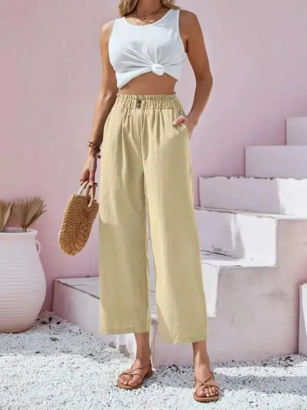 Women's Waist Drawstring and Button Detail Capri Linen Pants - BÜYÜKBEDENIZ