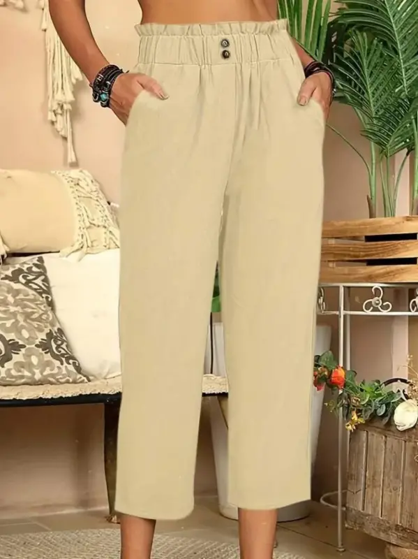 Women's Waist Drawstring and Button Detail Capri Linen Pants - 2