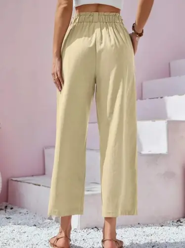 Women's Waist Drawstring and Button Detail Capri Linen Pants - 3