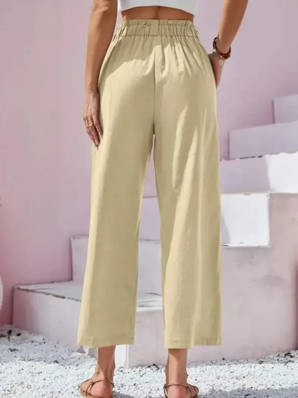 Women's Waist Drawstring and Button Detail Capri Linen Pants - 3