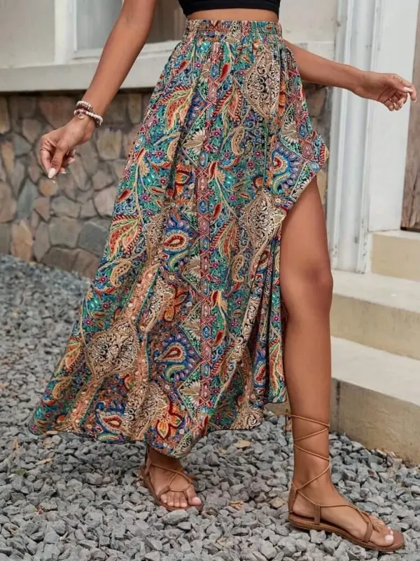 Women's Waist Shirred Side Slit Patterned Supreme Skirt - BÜYÜKBEDENIZ