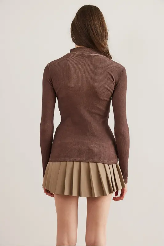 Women's Washed Bitter Coffee Zippered Fisherman Collar Lycra Blouse BLZ-19001155-Washed Bitter Coffee - 9