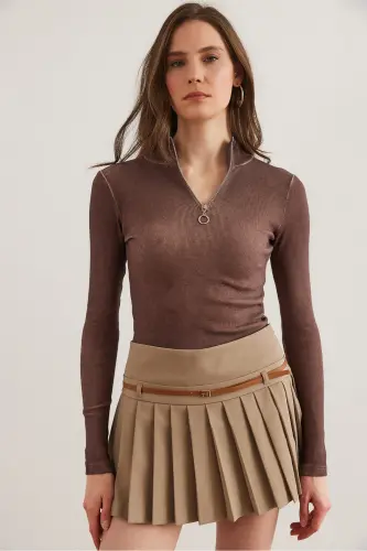 Women's Washed Bitter Coffee Zippered Fisherman Collar Lycra Blouse BLZ-19001155-Washed Bitter Coffee - 4