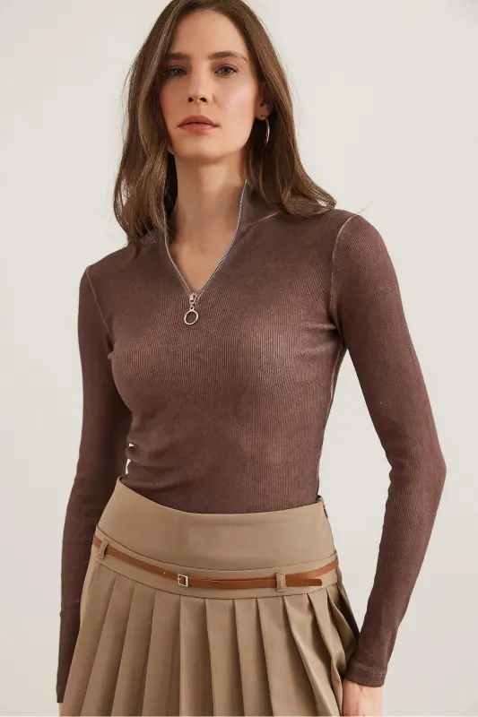 Women's Washed Bitter Coffee Zippered Fisherman Collar Lycra Blouse BLZ-19001155-Washed Bitter Coffee - 6