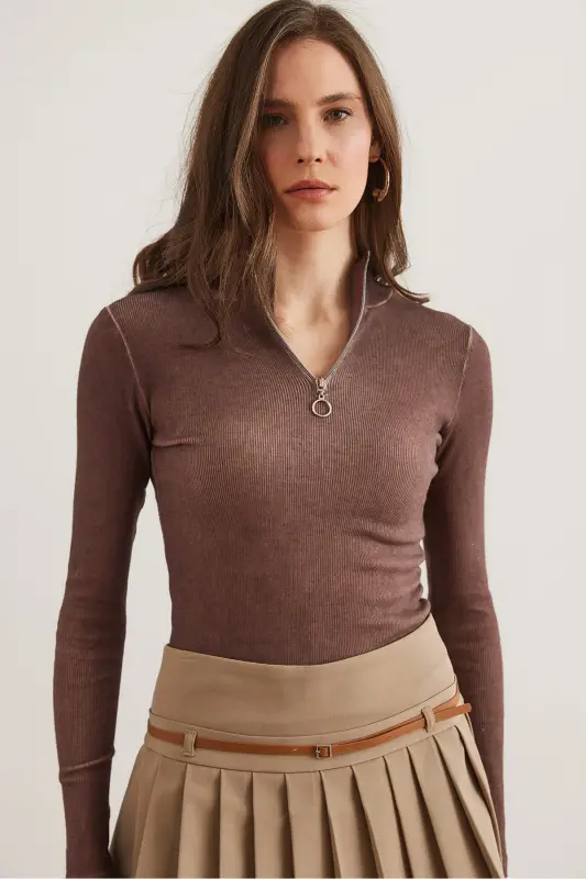 Women's Washed Bitter Coffee Zippered Fisherman Collar Lycra Blouse BLZ-19001155-Washed Bitter Coffee - 7