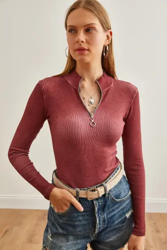Women's Washed Claret Zippered Turtleneck Lycra Blouse BLZ-19001155-Washed Claret - 11