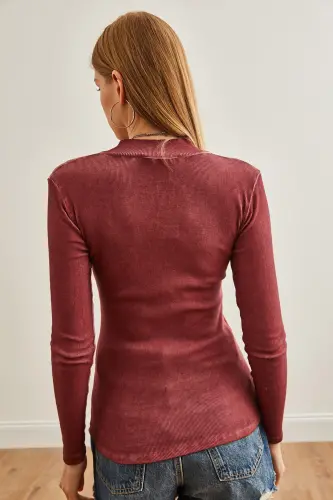Women's Washed Claret Zippered Turtleneck Lycra Blouse BLZ-19001155-Washed Claret - 8